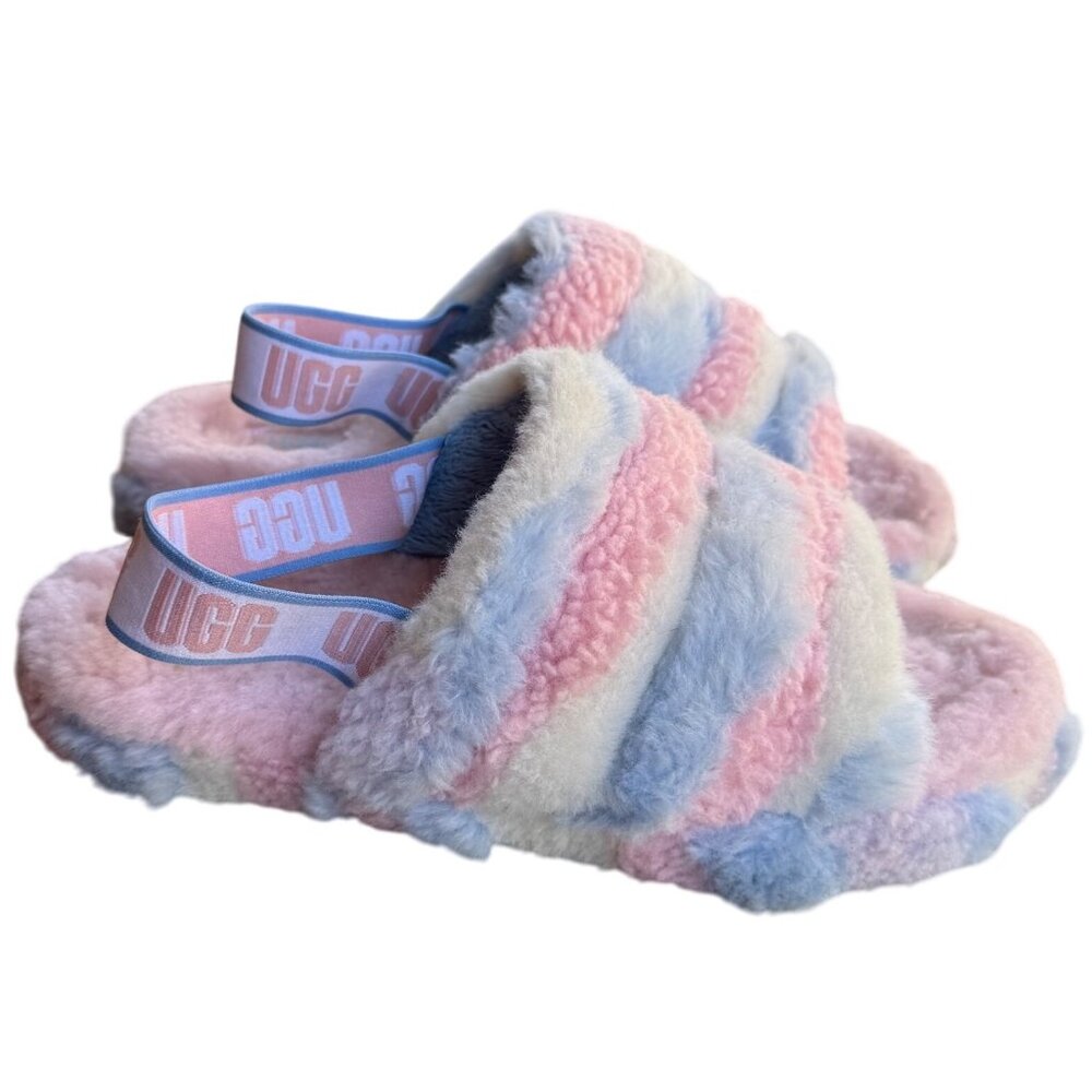 UGG W FLUFF YEAH SLIDE Slippers Cali Collage Women's 6 Pink Blue White Stripe